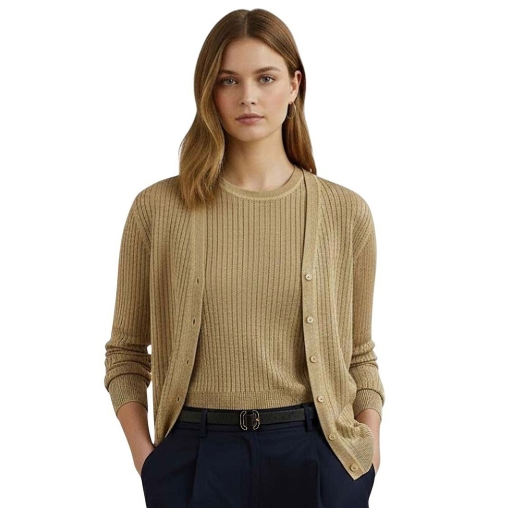 Lauren Ralph Lauren Women's Tan Ribbed Cardigan and Sweater Set